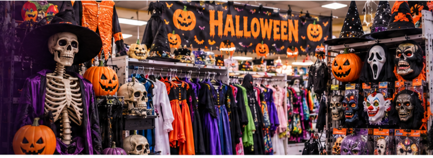 Halloween costumes, masks and decorations